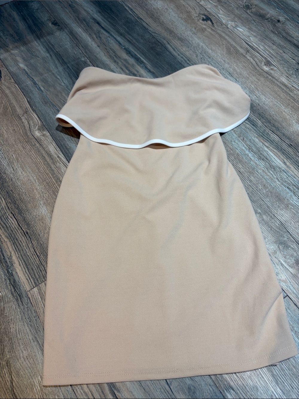 bebe Strapless Nude Ruffle Dress with White Trim